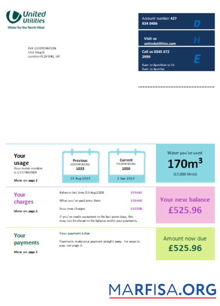 Blank United Utilities utility business bill, SCR download for verification